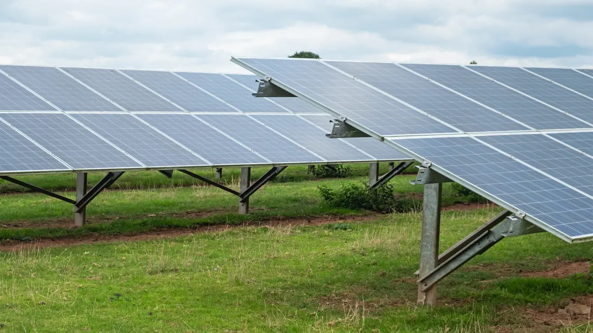 Close up of solar panels on farmland