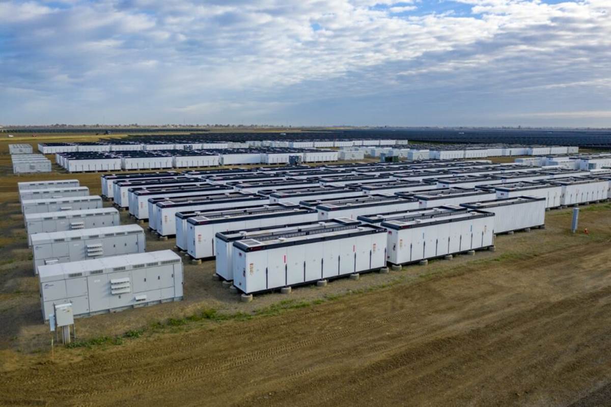 A field of batteries used to store excess energy created from the farm's solar panels